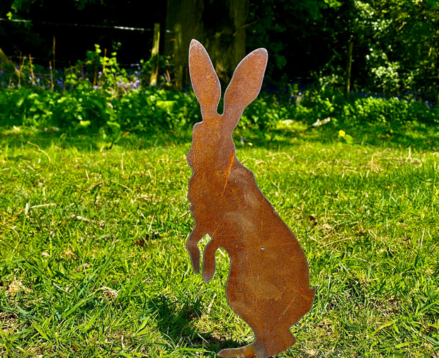 Exterior Medium Rustic Metal Hare Peter Rabbit Garden Stake Yard Art  / Flower Bed / Vegetable Patch Sculpture  Gift   Present