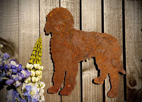 Rustic Rusty Metal Cockerpoo Labradoodle Caverpoo Standing Dog Pet Animal Garden Stake Fence Topper Wall Sign Yard Art Sculpture Gift