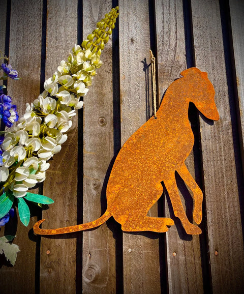 Exterior Rustic Rusty Metal Whippet Sitting Greyhound Dog Pet Animal Wall Hanging Art Sculpture Gift