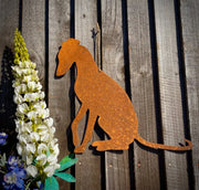 Exterior Rustic Rusty Metal Whippet Sitting Greyhound Dog Pet Animal Wall Hanging Art Sculpture Gift