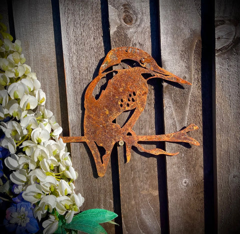 Exterior Rustic Rusty Metal Kingfisher Branch Water Bird Garden Fence Topper Yard Art Gate Post Sculpture Gift Present