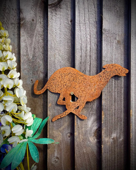 Exterior Rustic Rusty Running Whippet Greyhound Lurcher Dog Garden Wall Hanger Hanging House Gate Sign Hanging Metal Art Sculpture