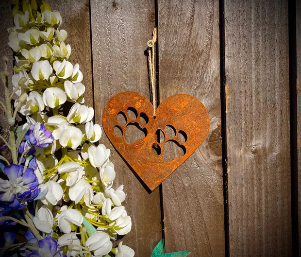Rustic Rusty Metal Double Paw Print Love Heart Pet Dog Cat Memorial Gift Present pawprint