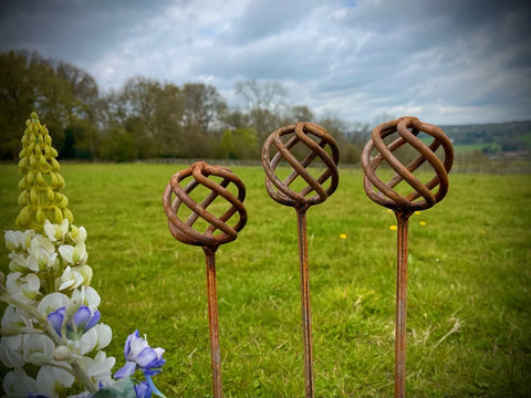 Exterior Rustic Rusty Metal Garden Basket Ornate Stake Plant Support Garden Art Garden Stake Yard Art Sculpture Spring Gift Present