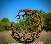 Exterior Rustic Garden Moon Circle Sphere Open Ball Abstract Rusty Metal Garden Yard Art Lawn Centre Piece Flower Bed Sculpture Gift Idea