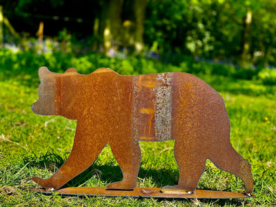 Exterior Rustic Metal Grizzley Bear Garden Stake Yard Art  / Flower Bed / Vegetable Patch / Centre Piece Sculpture  Gift