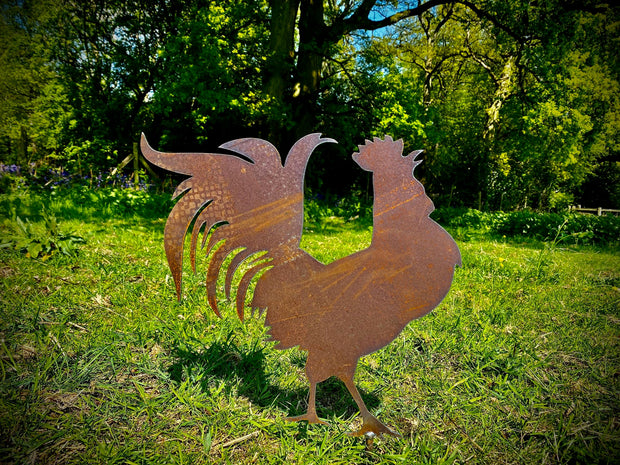 Exterior Rustic Metal Cockerel Chicken Garden Stake Yard Art  / Flower Bed Sculpture  Gift   Present