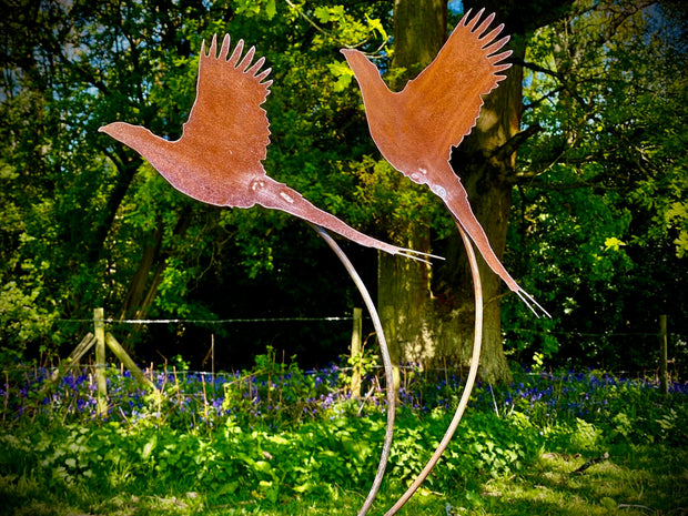 Large Exterior Rustic Metal Pair Of Pheasant Pheasants Bird Garden Stake Yard Art  Flower Bed Vegetable Patch Cottage Sculpture