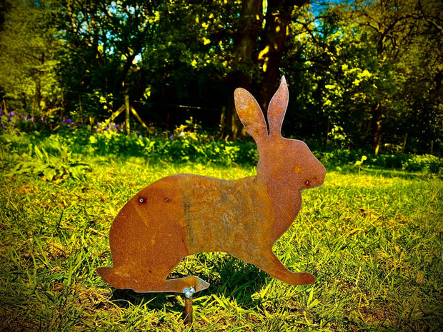 Exterior Large Rustic Metal Rabbit Hare Garden Stake Yard Art  / Flower Bed / Vegetable Patch Sculpture  Gift   Present