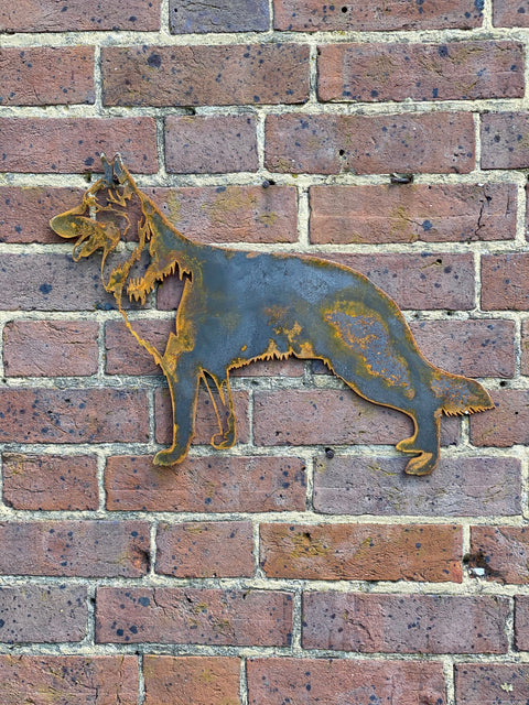 Small Exterior Rustic German Sheperd Alsatian Guard Dog Garden Wall House Gate Fence Sign Hanging Rusty Metal Art Beware Of The Dog