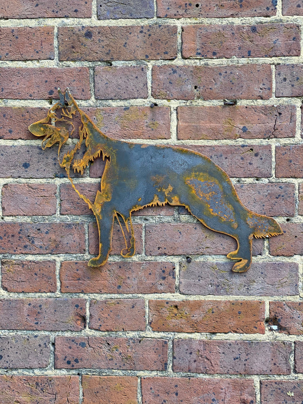 Large Exterior Rustic German Sheperd Alsatian Guard Dog Garden Wall House Gate Fence Sign Hanging Rusty Metal Art Sculpture  Gift