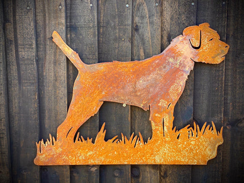 Small Exterior Rustic Border Terrier Dog Garden Wall House Gate Fence Sign Hanging Metal Rusty Doggie Art Sculpture  Gift