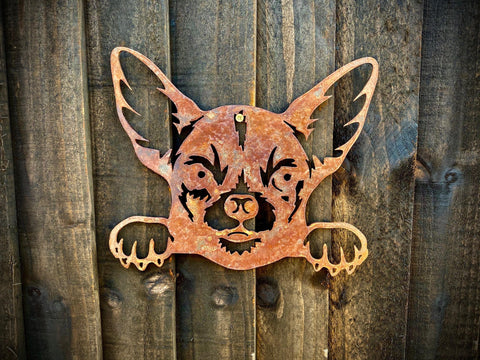 Small Exterior Rustic Rusty Chihuahua Little Dog Head & Paws Garden Wall Hanger House Gate Fence Sign Hanging Metal Art Shed Sculpture