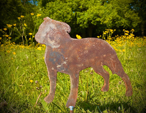 Large Exterior Rustic Rusty Metal Staffordshire Bull Terrier Dog Garden Stake Yard Art  Sculpture  Gift   Present