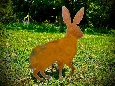 Exterior Rustic Metal Rabbit Hare Garden Stake Yard Art  Flower Bed Vegetable Patch Hutch Sculpture  Gift   Present