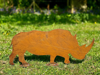 Exterior Rustic Metal Rhino Garden Stake Yard Art  / Flower Bed Scuplture  Gift   Present