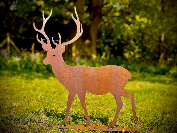 Exterior Medium Rustic Metal Stag Deer Garden Stake Yard Art  / Flower Bed Sculpture  Gift   Present