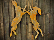 Exterior Small Rustic Metal Boxing Hares Rabbit Garden Wall House Fence Sign Art Sculpture  Gift   Present