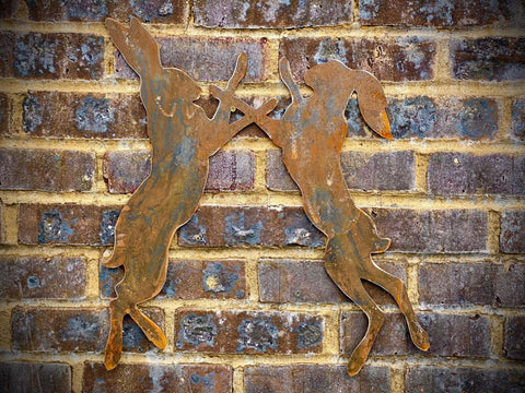 Exterior Large Rustic Metal Boxing Hares Rabbit Garden Wall Hanging Yard Art Fence Shed Gate Home Sculpture  Gift   Present