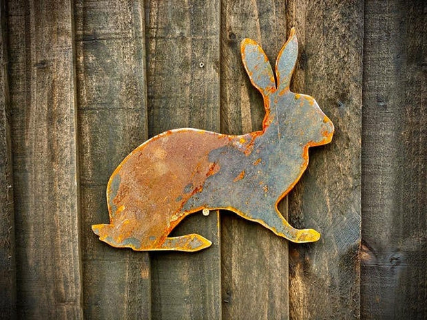 Exterior Rustic Hare Rabbit Crouching Garden Wall House Gate Fence Sign Hanging Metal Rusty Yard Art Sculpture  Gift   Present