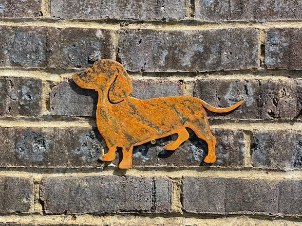 Small Exterior Rustic Dachshund Sausage Dog Garden Wall House Gate Fence Sign Hanging Rusty Metal Art Sculpture  Gift   Present