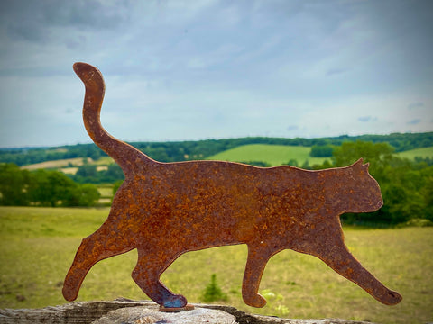 Exterior Rustic Rusty Metal Cat Walking  Feline Garden Fence Topper Yard Art Gate Post  Sculpture  Gift   Present
