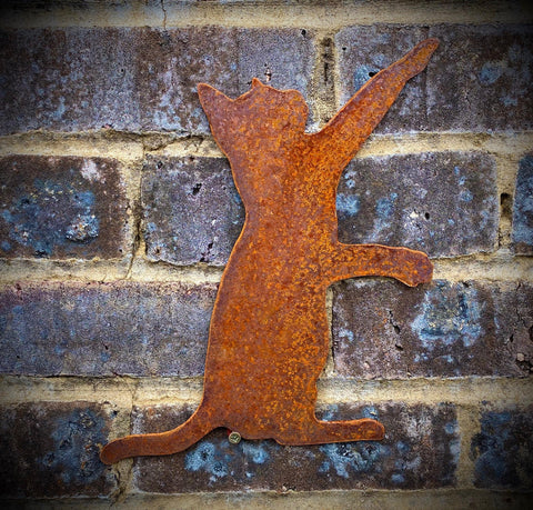 Small Exterior Cat Playing Feline Garden Wall House Gate Fence Shed Sign Hanging Metal Rustic Bird Bath Bird Feeder Art  Gift