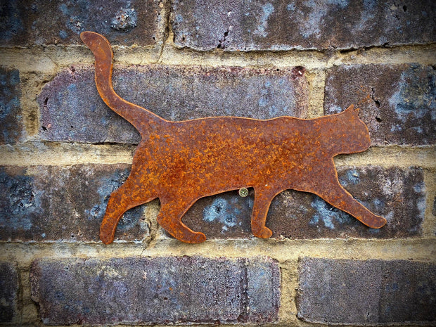 Exterior Cat Walking Feline Garden Wall House Gate Fence Shed Sign Hanging Metal Rustic Bird Bath Bird Feeder Art  Gift