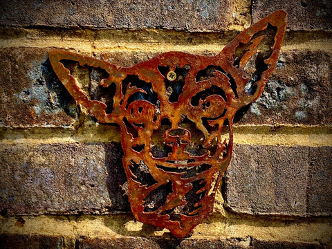 Small Exterior Rustic Rusty Chihuahua Little Dog Head Garden Wall Hanger House Gate Fence Sign Hanging Metal Art Shed Sculpture  Gift