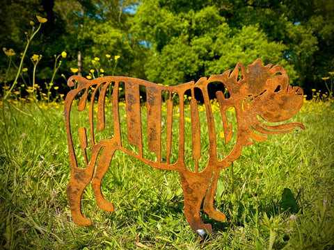 Small Rustic Metal Exterior Rusty Bulldog Dog Garden Stake Yard Art  / Flower Bed / Vegetable Patch Sculpture  Gift   Present