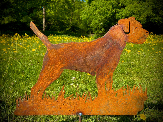 Large Rustic Metal Exterior Rusty Border Terrier Dog Garden Stake Yard Art  / Flower Bed / Vegetable Patch Sculpture  Gift