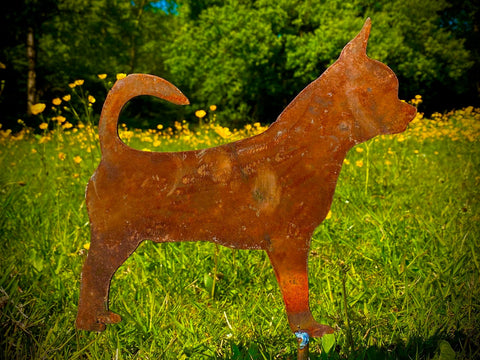 Small Exterior Rustic Rusty Metal Chihuahua Little Dog Small Pet Garden Stake Yard Art  / Flower Bed Sculpture  Gift   Present