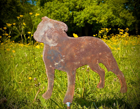 Small Exterior Rustic Rusty Metal Staffordshire Bull Terrier Dog Garden Stake Yard Art  Sculpture  Gift   Present