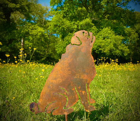 Large Exterior Rustic Rusty Metal Pug Dog Garden Stake Yard Art  Centre Piece Rockery Flower Box Sculpture  Gift   Present
