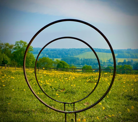Medium Rustic Metal Garden Ring Hoop Sculpture - Pair of Rusty Ring Circle Garden Yard Art / Globe / Sphere Yard Centre Piece  Art