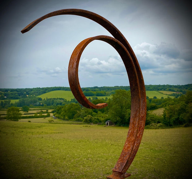 Large Rustic Metal Garden Art Abstract Flowing Swirl Metal Ring Sculpture Scroll Sphere Arched Yard Art   Gift   Present
