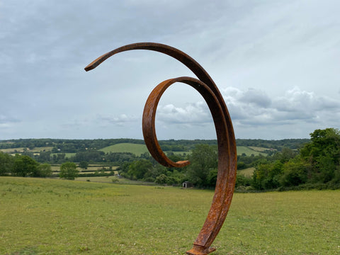 Medium Rustic Metal Garden Art Abstract Flowing Swirl Metal Ring Sculpture Scroll Sphere Arched Yard Art   Gift   Present