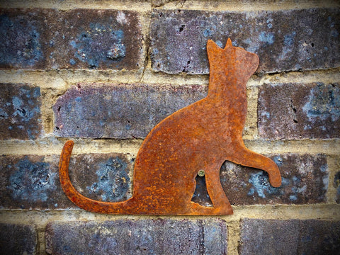Small Exterior Cat Looking Up Feline Garden Wall House Gate Fence Shed Sign Hanging Metal Rustic Bird Bath Bird Feeder Art  Gift