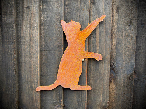 Small Exterior Cat Playing Feline Garden Wall House Gate Fence Shed Sign Hanging Metal Rustic Bird Bath Bird Feeder Art  Gift