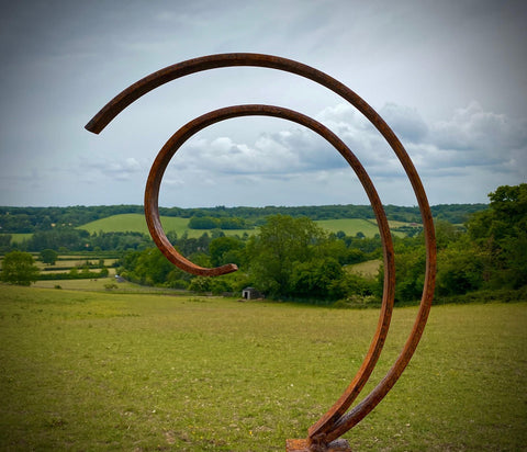 Medium Rustic Metal Garden Art Abstract Flowing Swirl Metal Ring Sculpture Scroll Sphere Arched Yard Art   Gift   Present