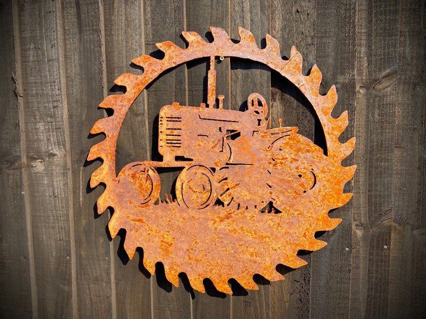 Small Vintage Tractor Saw Blade Sign – Rustic Garden Art