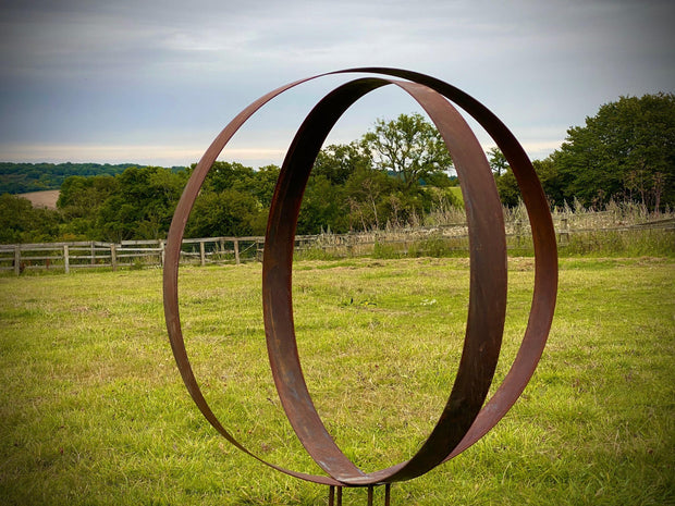 Medium Rustic Metal Wide Garden Ring Hoop Sculpture - Pair of Rusty Ring Circle Garden Art / Globe / Sphere  Gift   Present