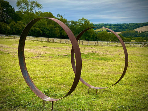 Large Rustic Metal Wide Garden Ring Hoop Sculpture - Pair of Rusty Ring Circle Garden Art / Globe / Sphere  Gift   Present