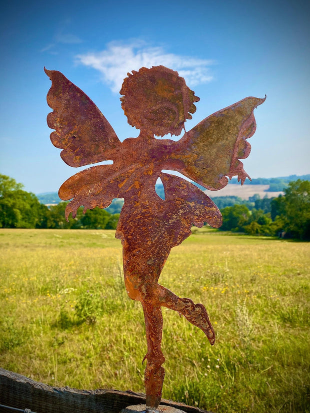 Exterior Rustic Rusty Metal Fairy Pixie Fairies Girl Garden Fence Topper Yard Art Gate Post  Sculpture  Gift   Present