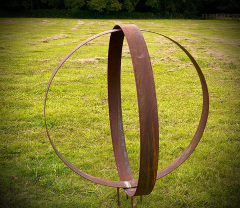 Medium Rustic Metal Wide Garden Ring Hoop Sculpture - Pair of Rusty Ring Circle Garden Art / Globe / Sphere  Gift   Present
