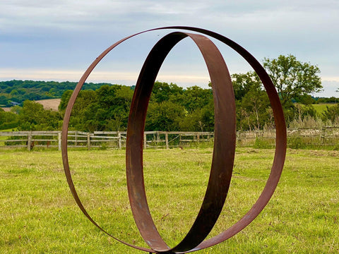 XL Rustic Metal Wide Garden Ring Hoop Sculpture - Pair of Rusty Ring Circle Garden Art / Globe / Sphere  Gift   Present