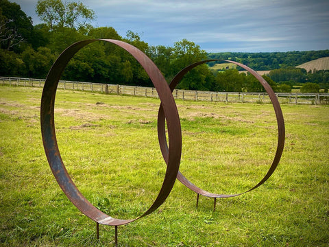 XL Rustic Metal Wide Garden Ring Hoop Sculpture - Pair of Rusty Ring Circle Garden Art / Globe / Sphere  Gift   Present