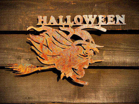 Exterior Rustic Witch Flying Witch Sign Halloween Decoration Present Garden Wall House Art Shed Sign Hanging Metal Rustic Art  Gift