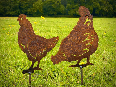 Exterior Rustic Rusty Metal Hen Head Down Chicken Pecking Farm Animal Eggs Garden Stake Yard Art  Flower Bed  Sculpture  Gift