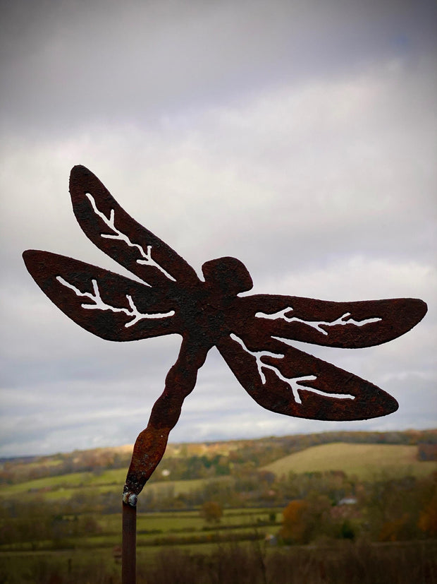 Exterior Rustic Metal Dragonfly Garden Stake Yard Art  Sculpture Flower Bed Vegetable Patch Wildlife Gift Present